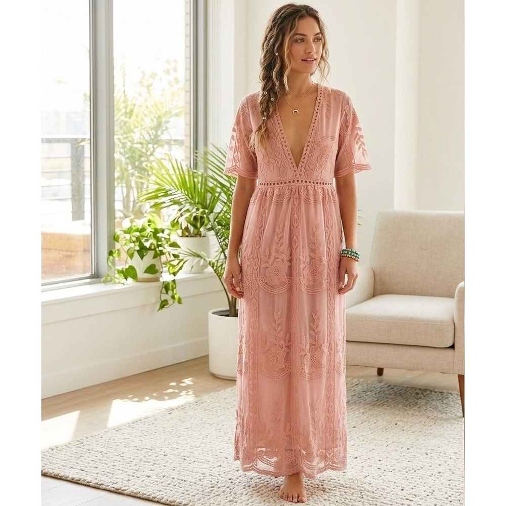 Eleter Lace Maxi Dress Women XL Pink V-Neck Floral Ethereal Fairycore‎ Romantic